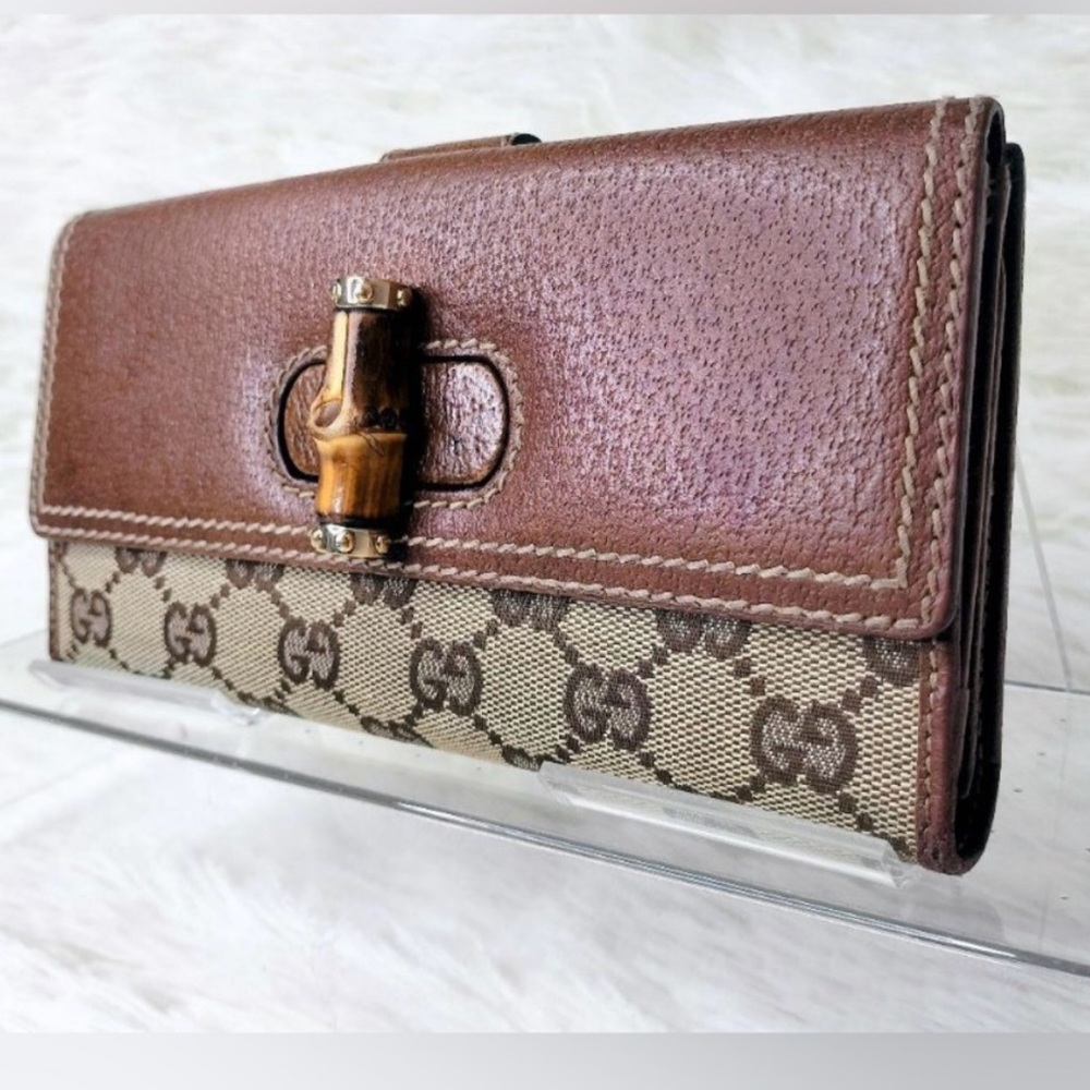 GUCCI Leather Long Continental Wallet, GG Canvas Bambo Interlocking Turnlock EUC